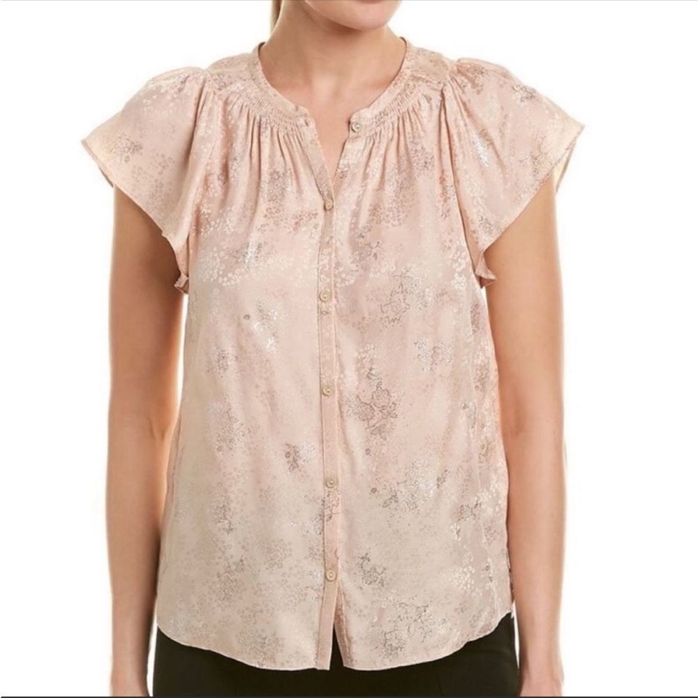 EUC Rebecca Taylor Pink Shimmer Blouse Ruffle Sleeves Size 2 100% Silk